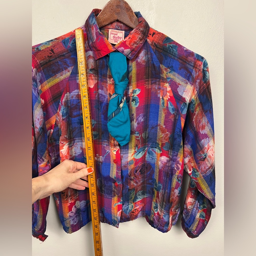 Vintage René Derhy Paris Two-Piece Set · Vibrant Floral Plaid Top & Harem Pants - Picture 13 of 16